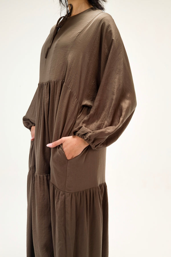 Flowy Gathered Dress in Dark Olive