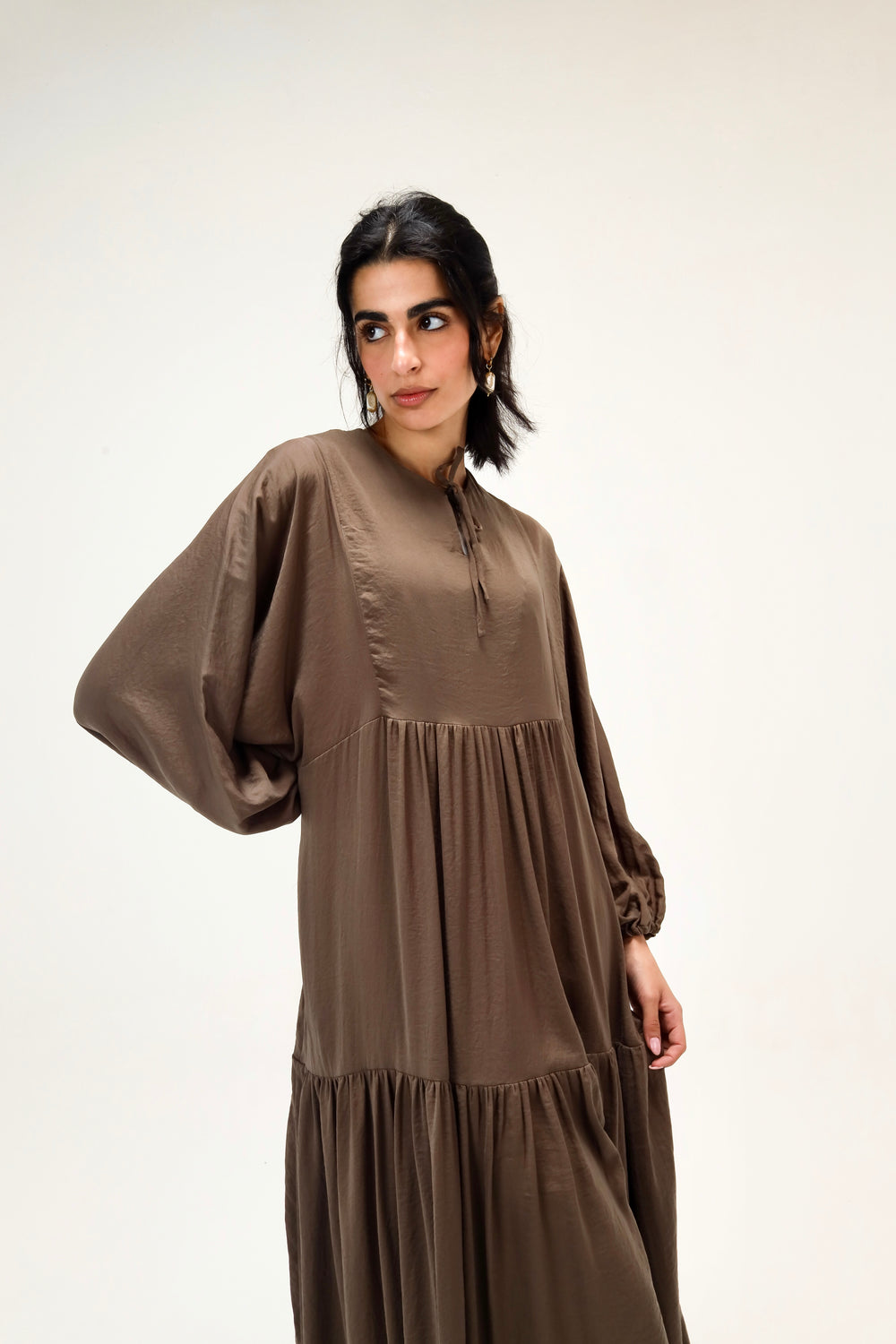 Flowy Gathered Dress in Dark Olive
