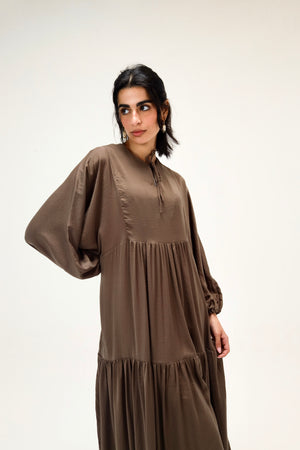 Flowy Gathered Dress in Dark Olive