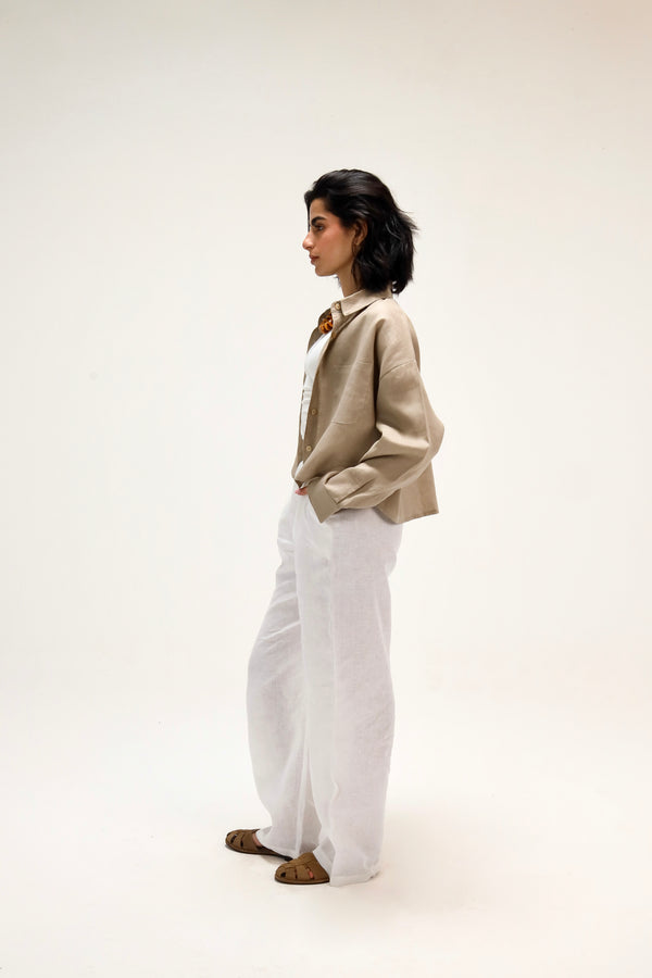 Cropped Linen Shirt in Beige