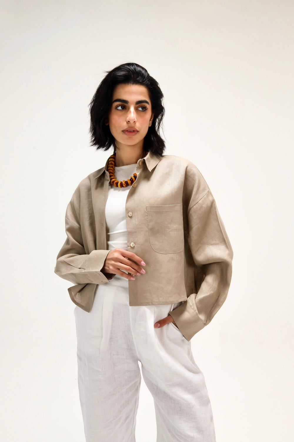 Cropped Linen Shirt in Beige