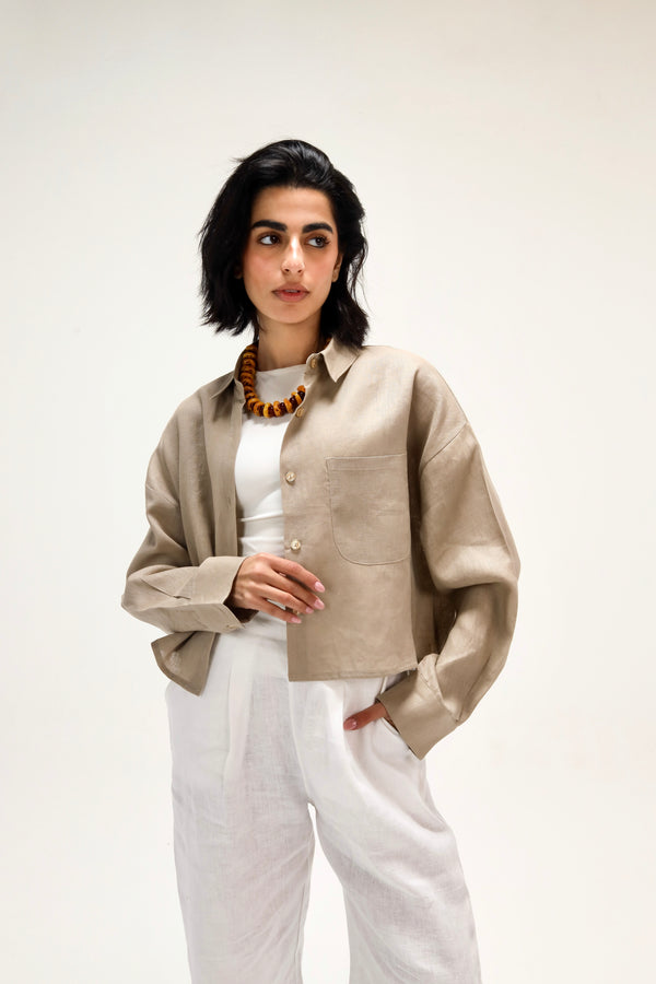 Cropped Linen Shirt in Beige