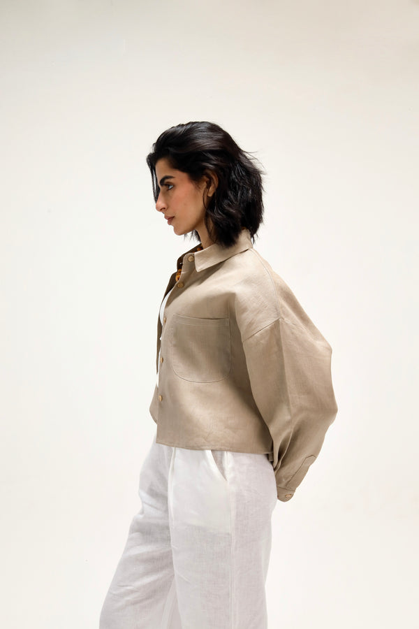 Cropped Linen Shirt in Beige