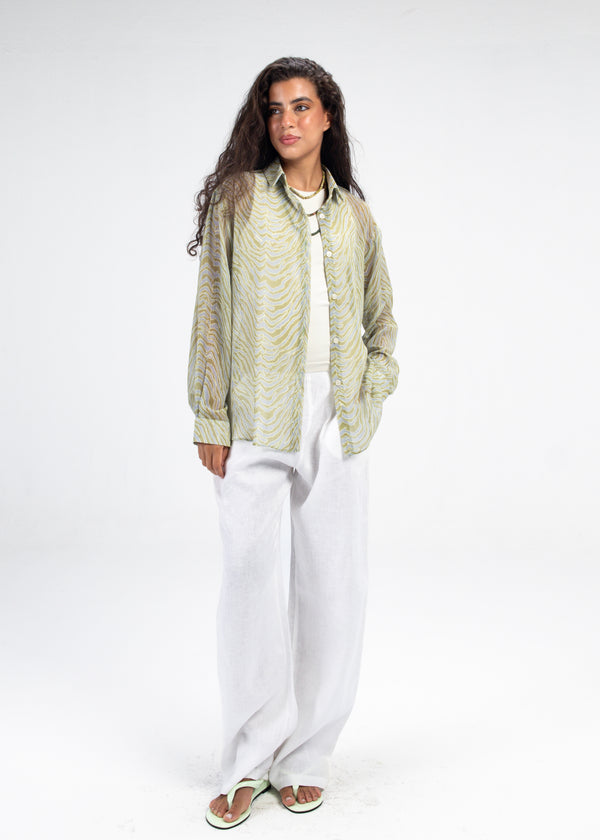 Printed Chiffon Tiger Shirt in Green