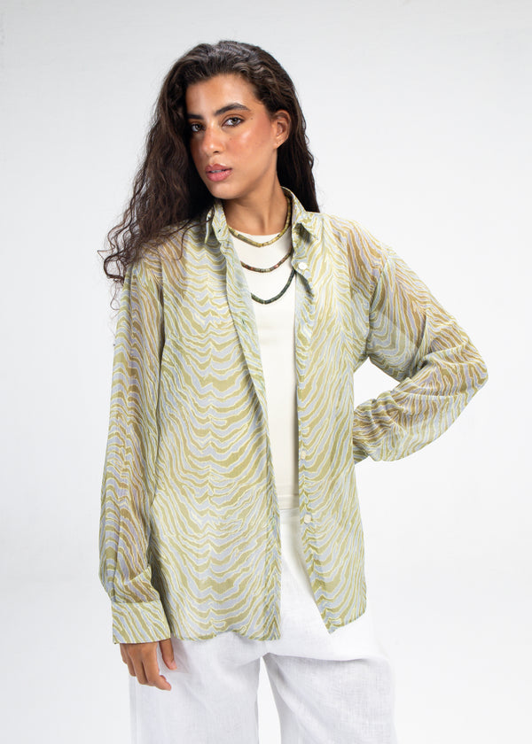 Printed Chiffon Tiger Shirt in Green