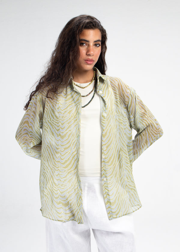 Printed Chiffon Tiger Shirt in Green