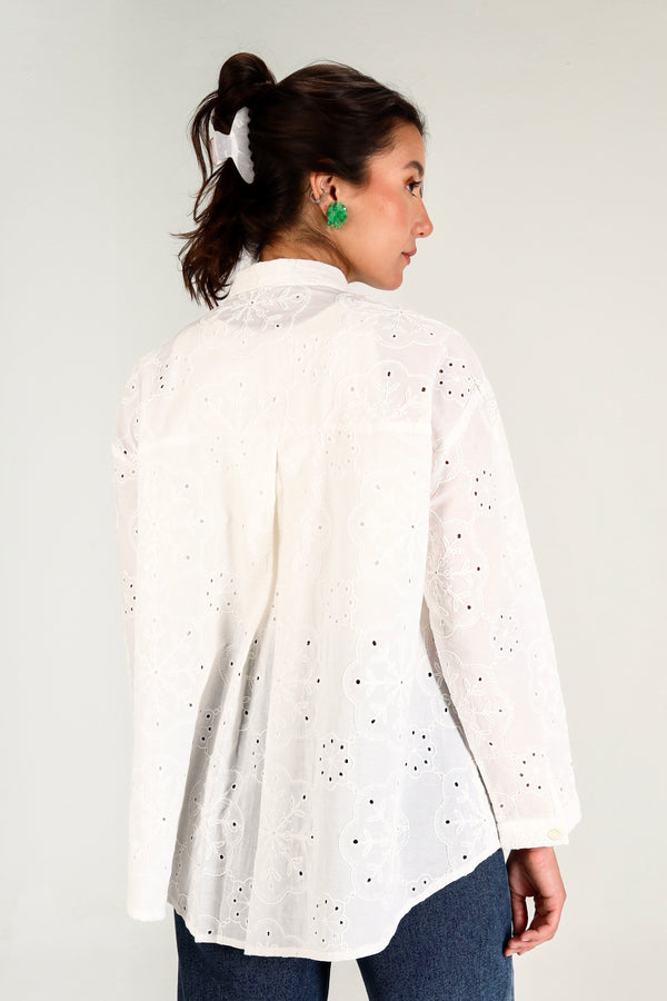 Voile Embroidered Shirt in Offwhite