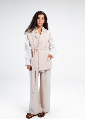 Crinkled Vest Set in Beige