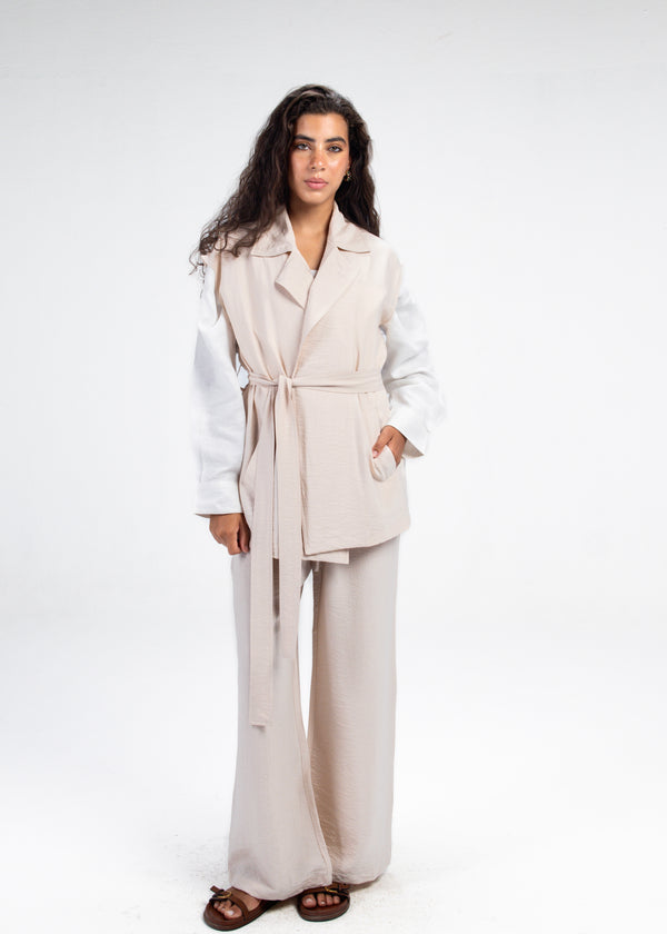 Crinkled Vest Set in Beige