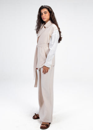 Crinkled Straight Leg Pants in Beige