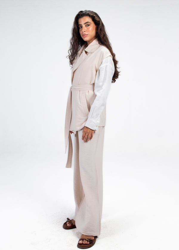 Crinkled Straight Leg Pants in Beige