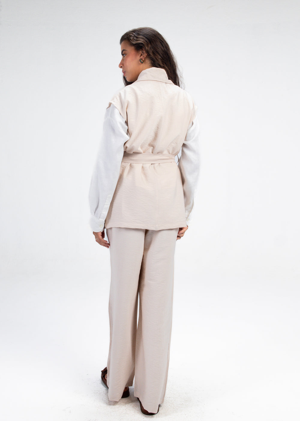 Crinkled Straight Leg Pants in Beige