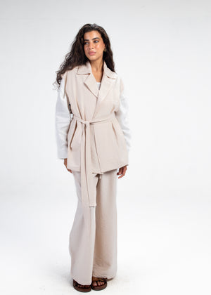 Crinkled Straight Leg Pants in Beige