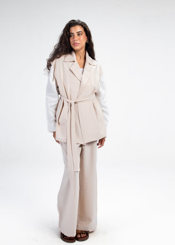 Crinkled Straight Leg Pants in Beige