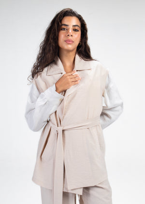 Crinkled Vest Set in Beige