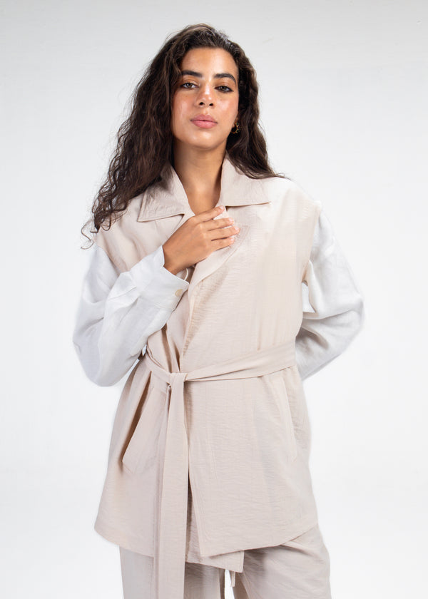 Crinkled Vest Set in Beige