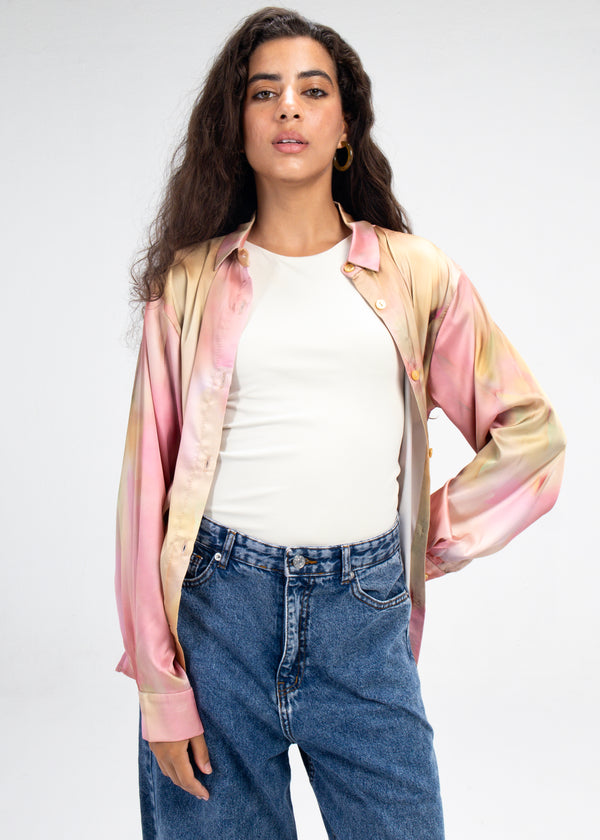 Printed Satin Shirt in Champagne