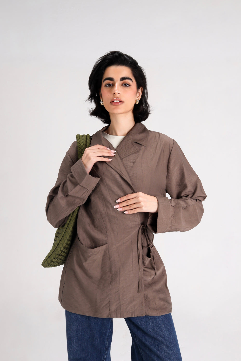 Crinkled Crossover Blazer in Cafe