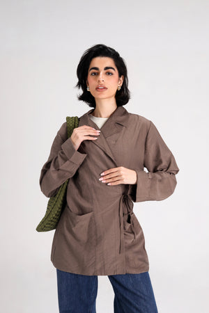 Crinkled Crossover Blazer in Cafe