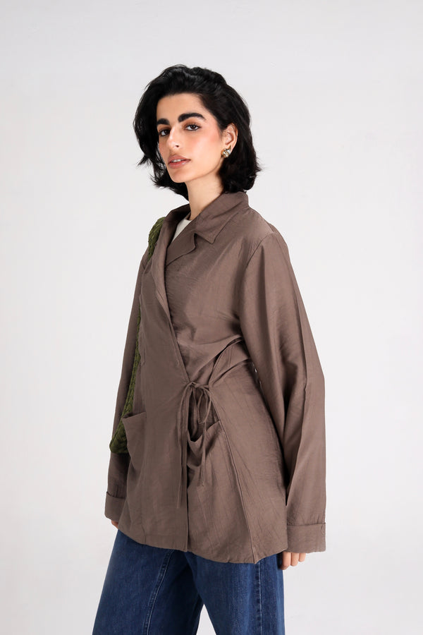 Crinkled Crossover Blazer in Cafe
