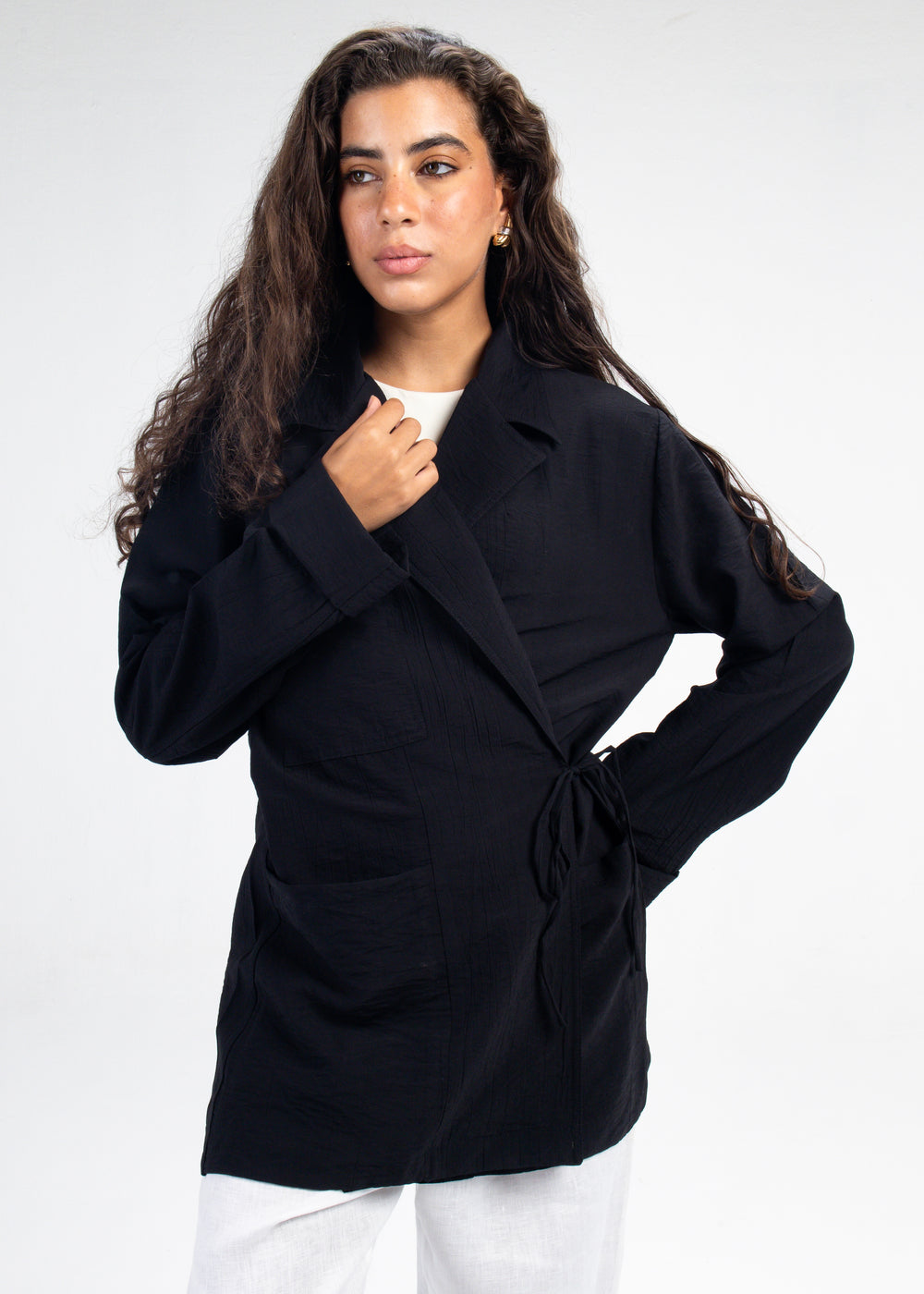 Crinkled Crossover Blazer in Black