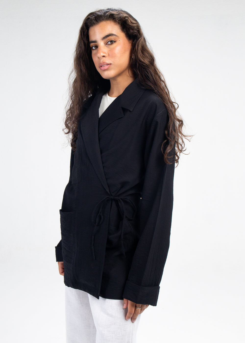 Crinkled Crossover Blazer in Black