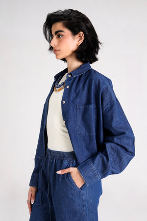 Cropped Denim Shirt in Dark Blue