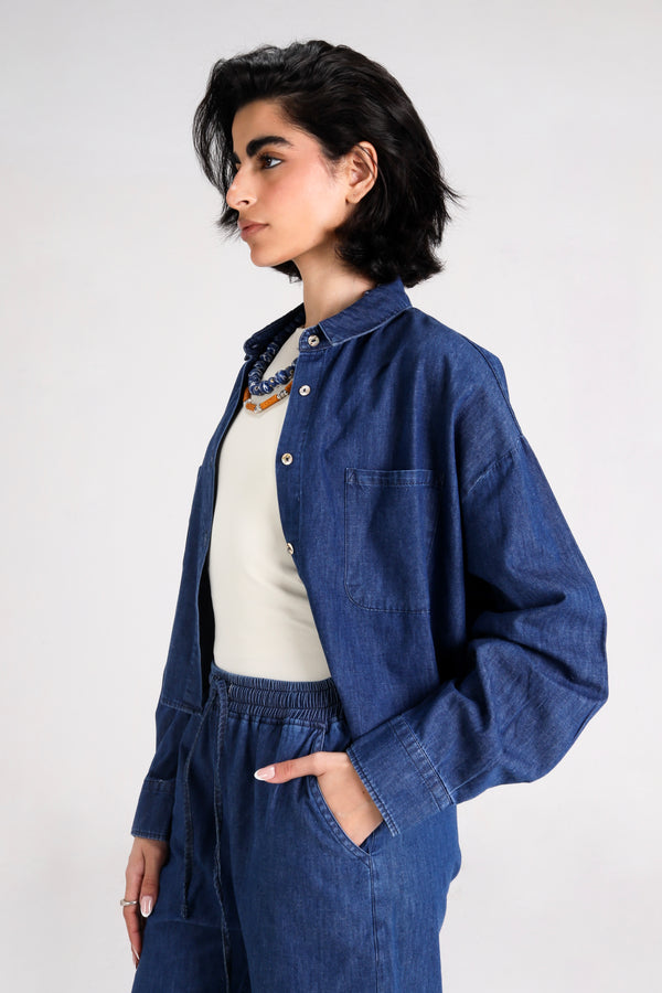 Cropped Denim Shirt in Dark Blue