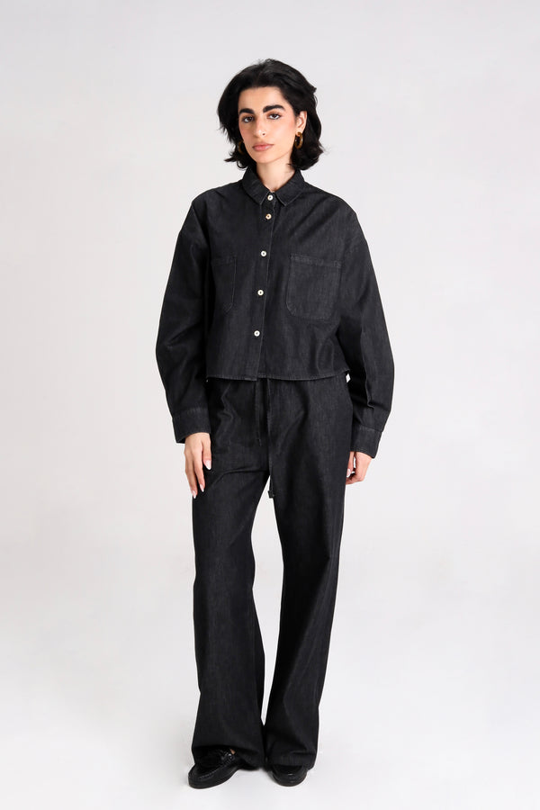 Cropped Denim Shirt in Black