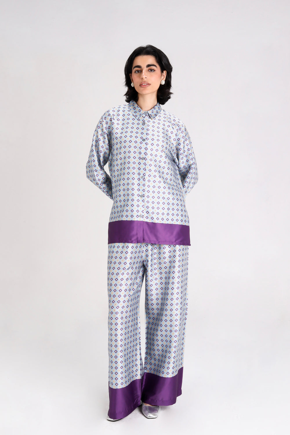 Geometric Printed Satin Set in Purple