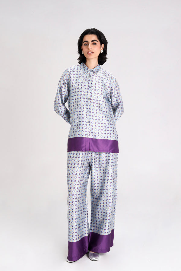 Geometric Printed Satin Set in Purple