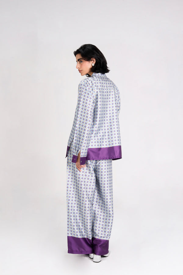Geometric Printed Satin Set in Purple