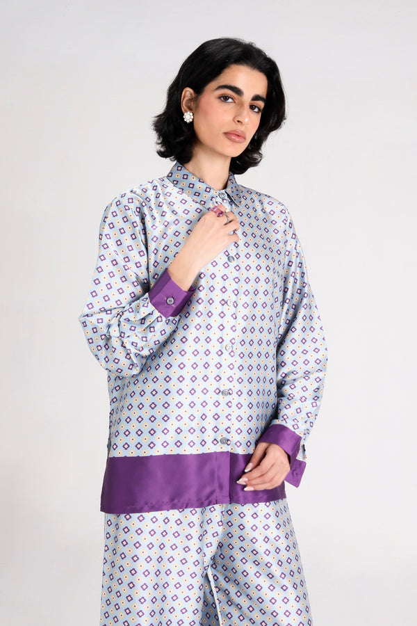Geometric Printed Satin Set in Purple