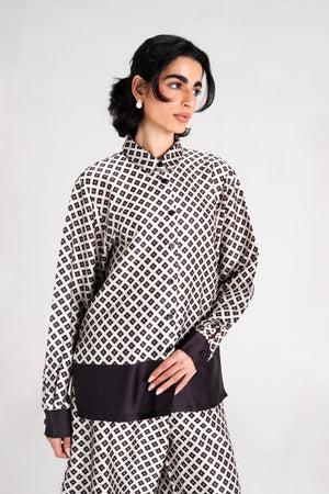 Geometric Printed Satin Set in Black