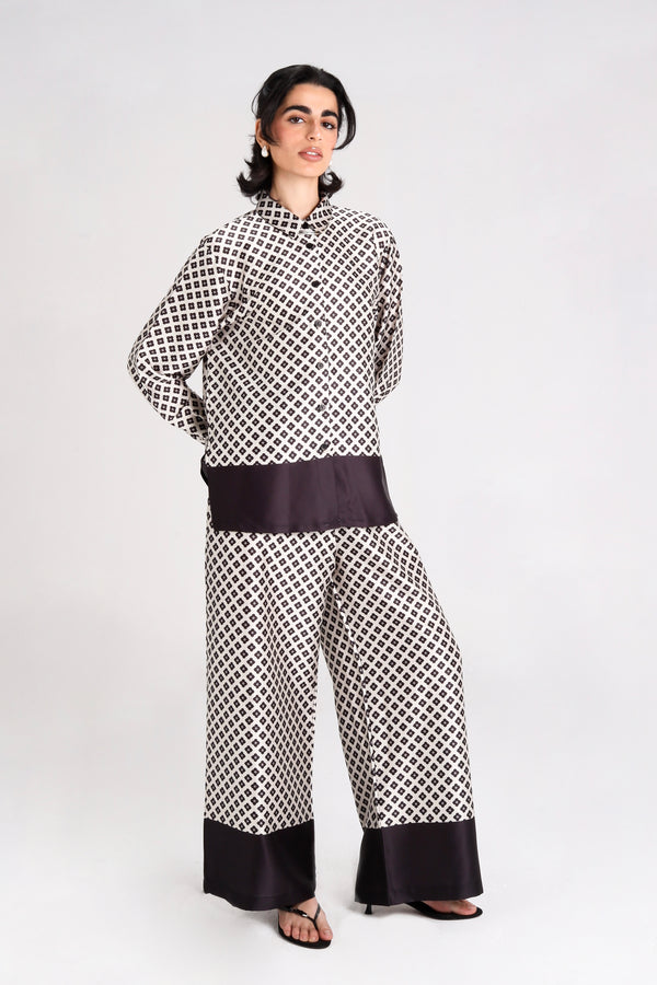 Geometric Printed Satin Set in Black
