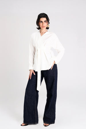 Belted Linen Shirt in Off-White