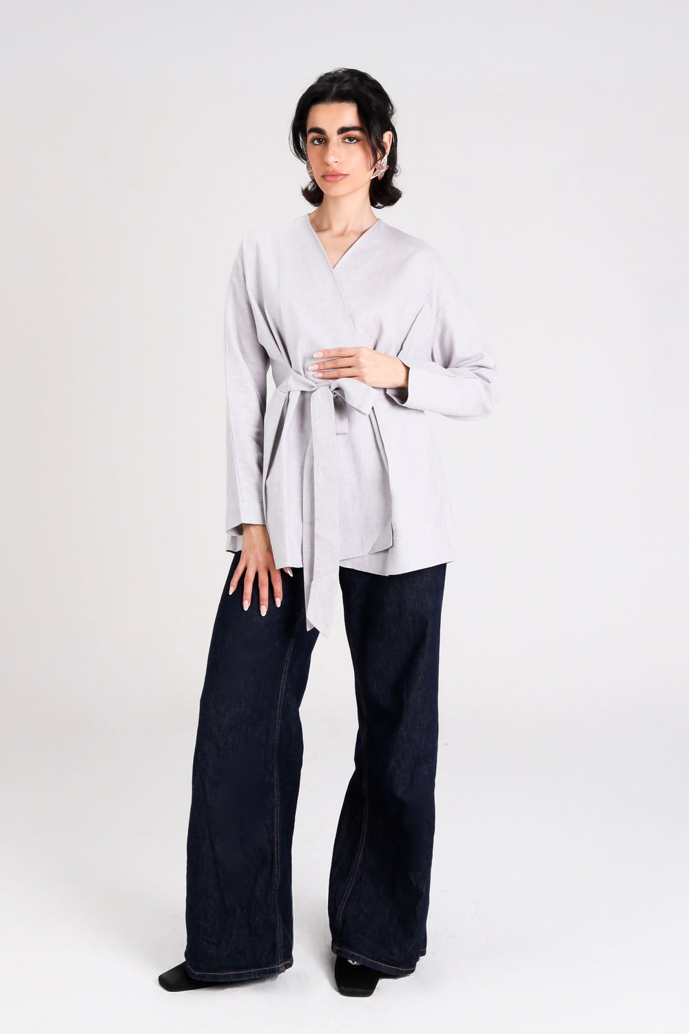 Belted Linen Shirt in Light Grey
