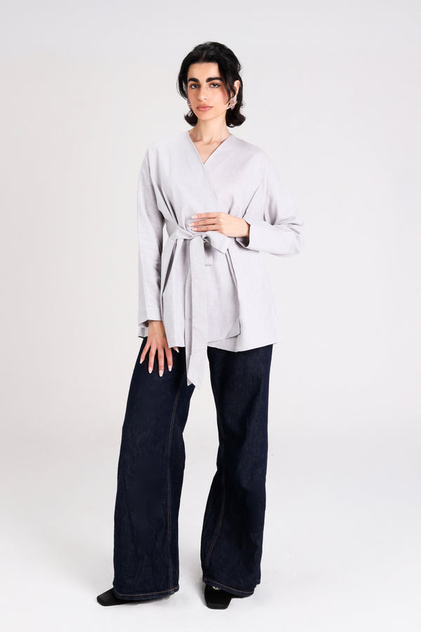 Belted Linen Shirt in Light Grey