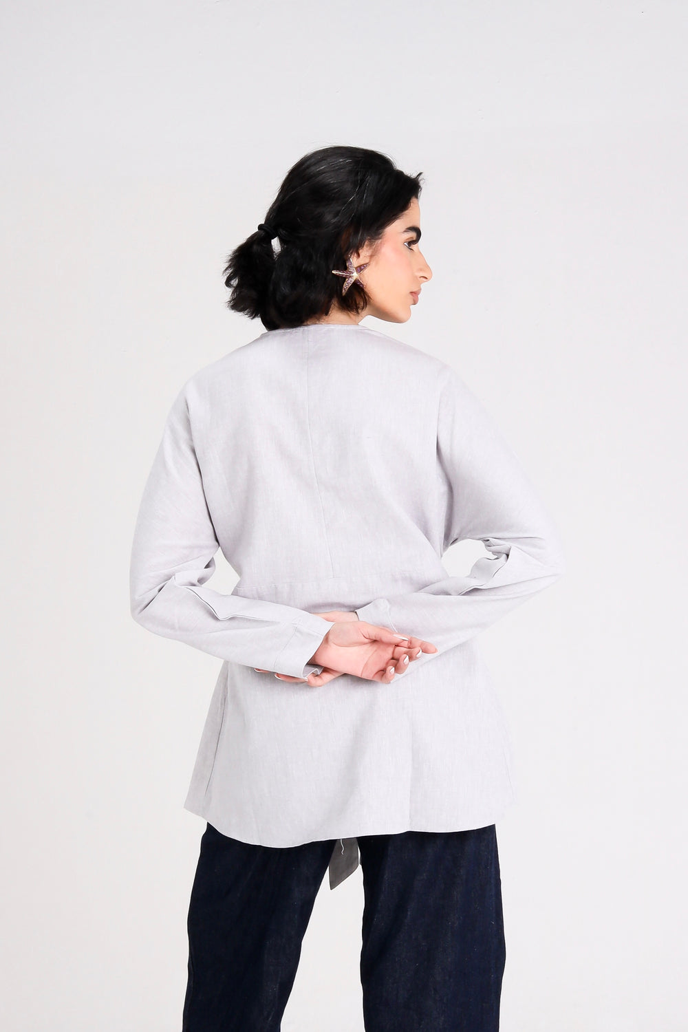 Belted Linen Shirt in Light Grey