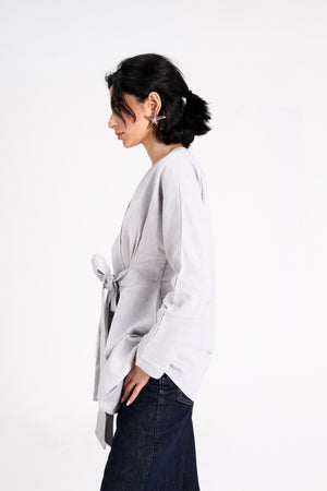 Belted Linen Shirt in Light Grey