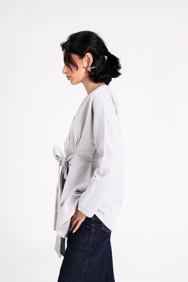Belted Linen Shirt in Light Grey