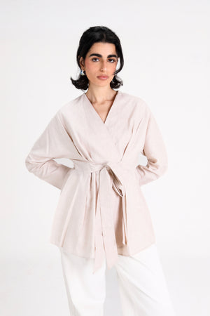 Belted Linen Shirt in Light Beige