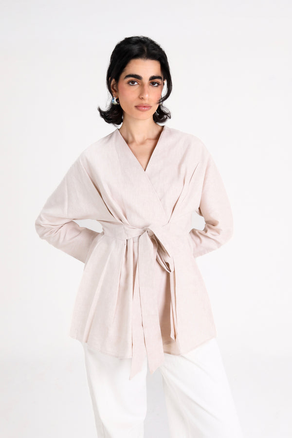 Belted Linen Shirt in Light Beige