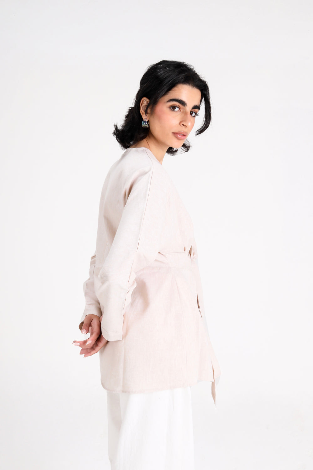 Belted Linen Shirt in Light Beige