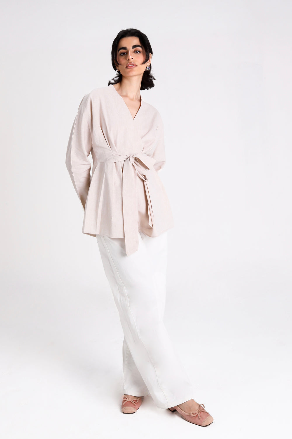 Belted Linen Shirt in Light Beige