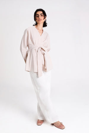 Belted Linen Shirt in Light Beige