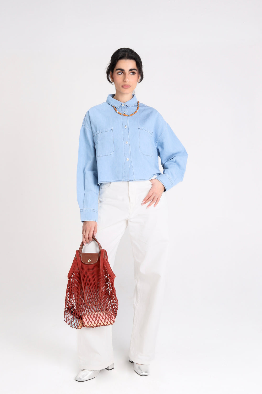 Cropped Denim Shirt in Light Blue