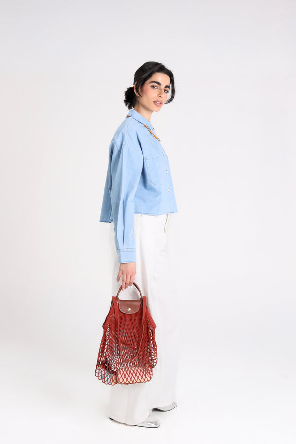 Cropped Denim Shirt in Light Blue