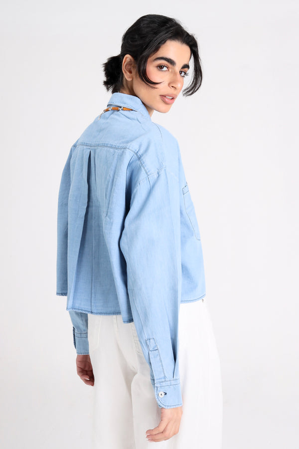 Cropped Denim Shirt in Light Blue