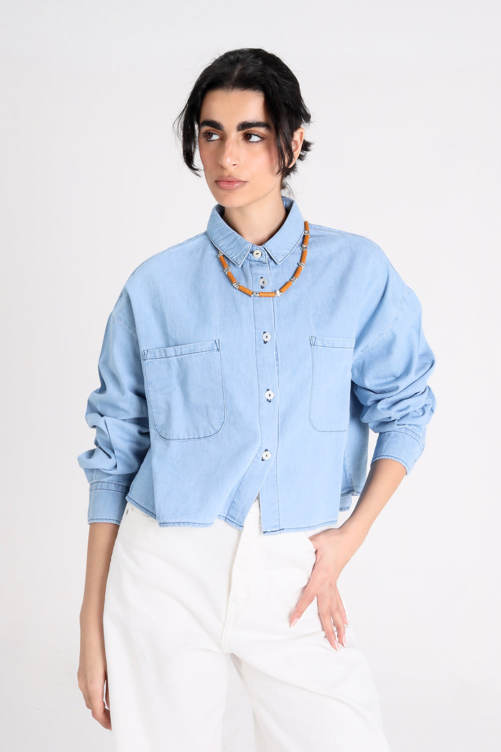 Cropped Denim Shirt in Light Blue